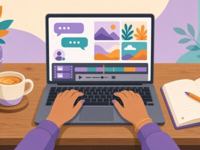Illustration of a woman's hands typing on a laptop showing AI chat, generated images and a video timeline, representing AI skills for women