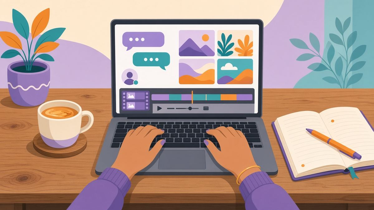Illustration of a woman's hands typing on a laptop showing AI chat, generated images and a video timeline, representing AI skills for women