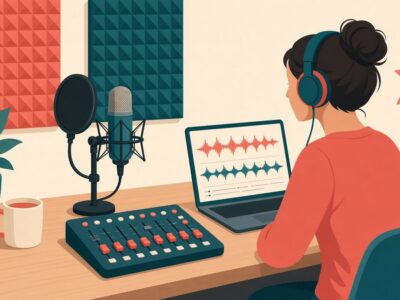 Illustration of a woman wearing headphones at a podcast studio desk with a microphone, mixer and waveforms, for audio production careers for women