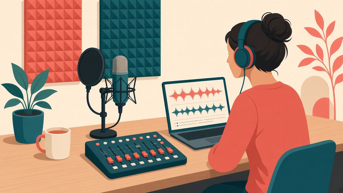 Illustration of a woman wearing headphones at a podcast studio desk with a microphone, mixer and waveforms, for audio production careers for women