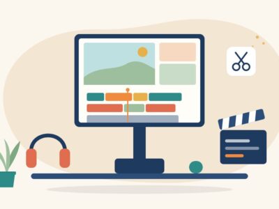 Illustration of a video editing desk with a monitor showing a multi-track timeline, headphones and a film clapperboard, for becoming a video editor