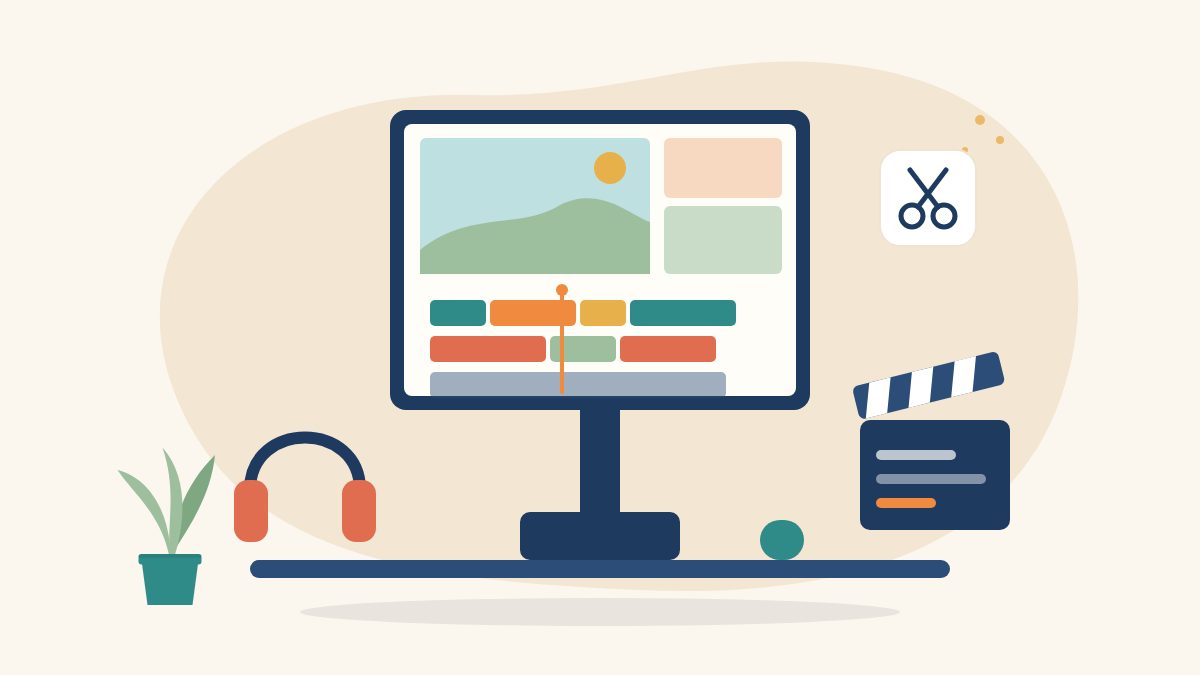 Illustration of a video editing desk with a monitor showing a multi-track timeline, headphones and a film clapperboard, for becoming a video editor