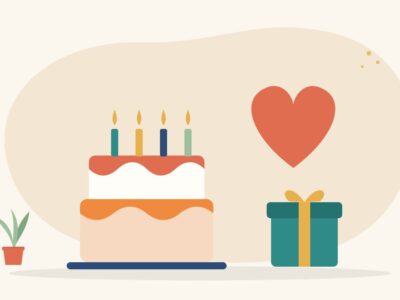 Illustration of a birthday cake with lit candles beside a red heart and a small wrapped gift, for birthday donation ideas in India