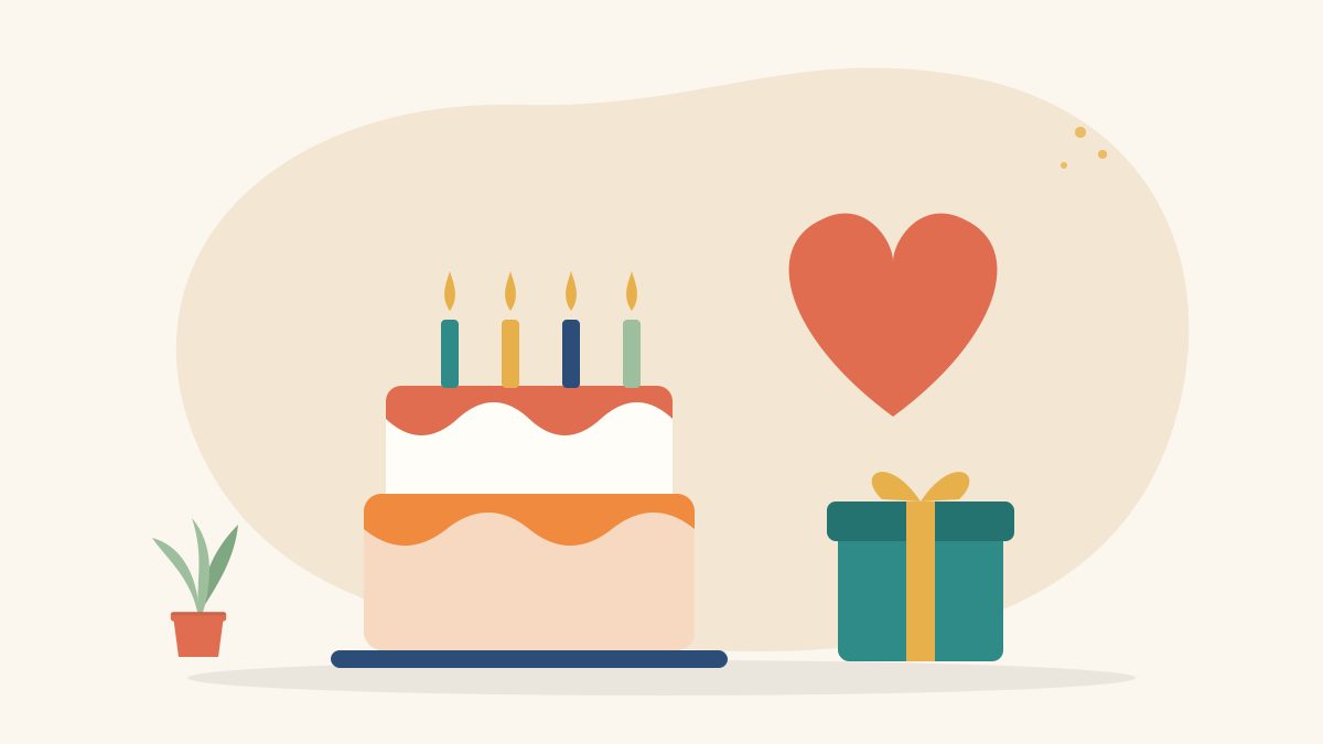 Illustration of a birthday cake with lit candles beside a red heart and a small wrapped gift, for birthday donation ideas in India