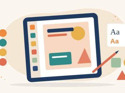 Illustration of a tablet showing a social media post design with a colour palette, font samples, shapes and a stylus, for learning Canva as a beginner