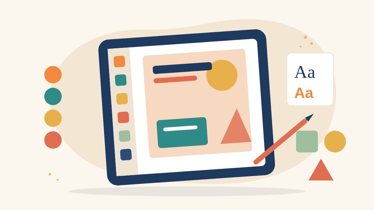 Illustration of a tablet showing a social media post design with a colour palette, font samples, shapes and a stylus, for learning Canva as a beginner
