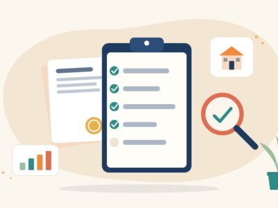 Illustration of a clipboard checklist with ticks, registration documents with a seal, a magnifying glass and a bar chart, for choosing a CSR implementing agency