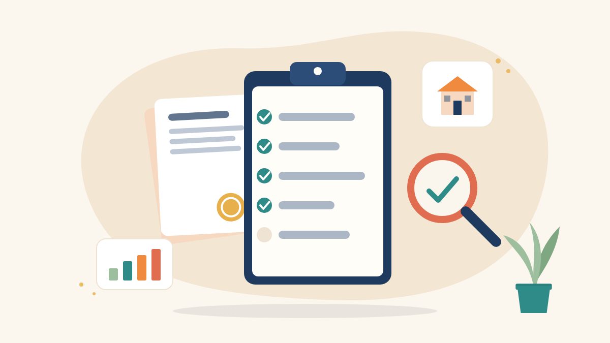Illustration of a clipboard checklist with ticks, registration documents with a seal, a magnifying glass and a bar chart, for choosing a CSR implementing agency