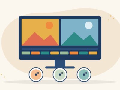 Illustration of a video editing screen showing one frame in warm tones and one in cool tones above three colour wheels, for colour grading for beginners