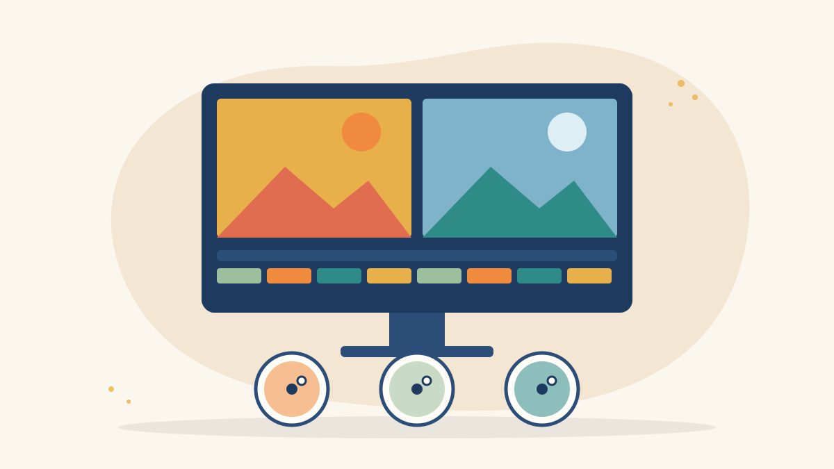 Illustration of a video editing screen showing one frame in warm tones and one in cool tones above three colour wheels, for colour grading for beginners