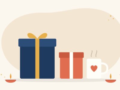 Illustration of wrapped Diwali gift boxes with a gold ribbon and a white mug with a heart print, between lit diyas, for corporate Diwali gifts that give back