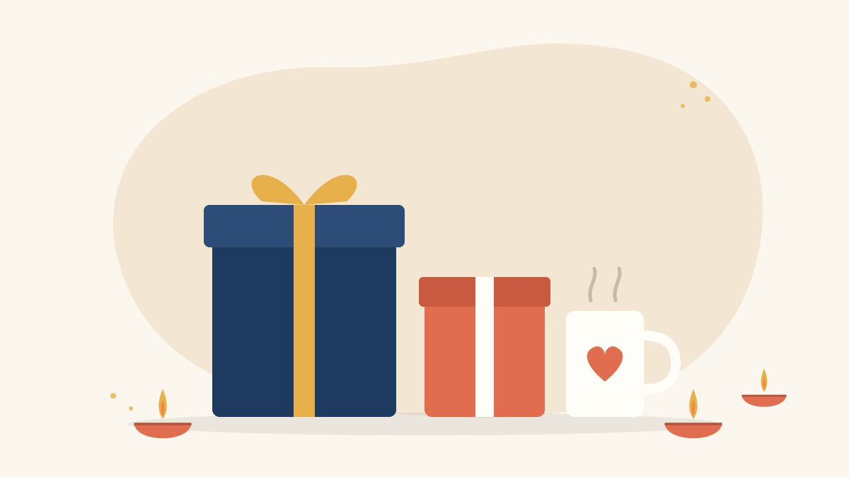 Illustration of wrapped Diwali gift boxes with a gold ribbon and a white mug with a heart print, between lit diyas, for corporate Diwali gifts that give back