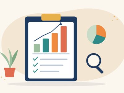 Illustration of a clipboard report with a rising bar chart, a pie chart, a magnifying glass and checkmarks beside a potted plant, for CSR impact assessment