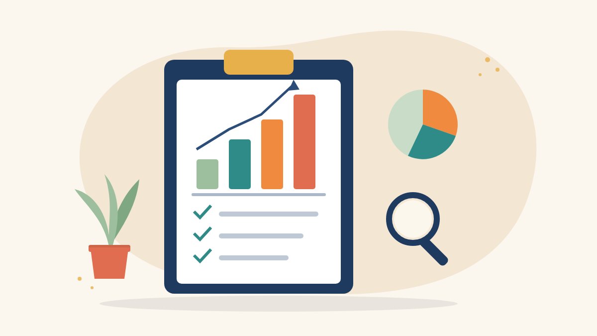 Illustration of a clipboard report with a rising bar chart, a pie chart, a magnifying glass and checkmarks beside a potted plant, for CSR impact assessment