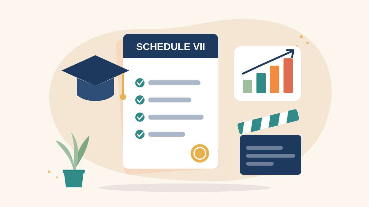 Illustration of a Schedule VII document with ticks, a rising bar chart, a graduation cap and a film clapperboard, for CSR funding of women's skill development