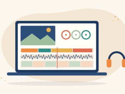 Illustration of a laptop showing a video editing timeline with colour wheels, an audio waveform and clip thumbnails beside headphones, for learning DaVinci Resolve