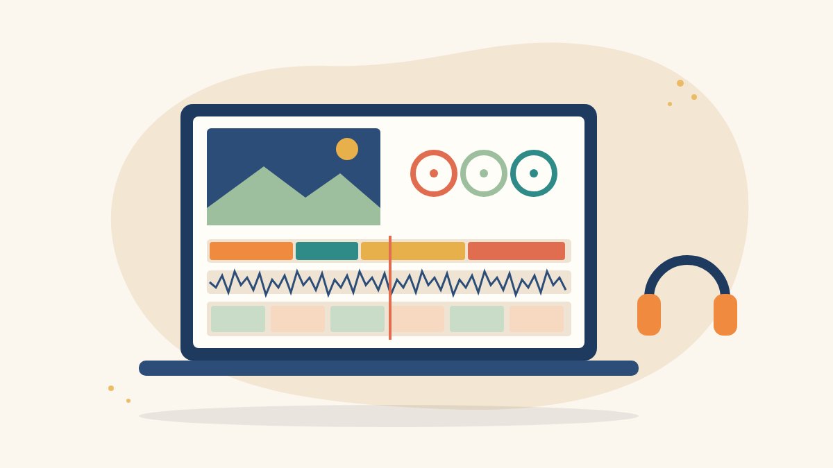 Illustration of a laptop showing a video editing timeline with colour wheels, an audio waveform and clip thumbnails beside headphones, for learning DaVinci Resolve