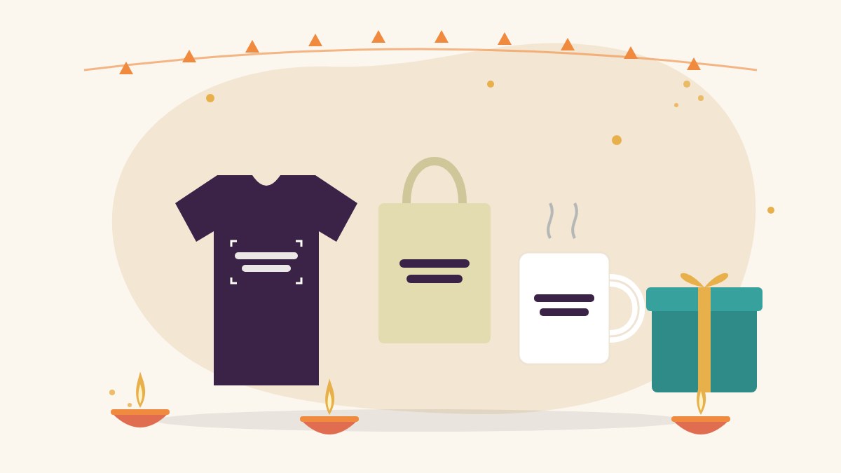 Illustration of a festive Diwali gift table with a folded t-shirt, a cotton tote bag, a mug, a wrapped gift box and glowing diyas, for Diwali gifts that give back