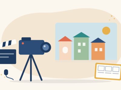 Illustration of a camera on a tripod filming a village street scene, with a clip-on microphone, a clapperboard and a storyboard notebook, for documentary filmmaking