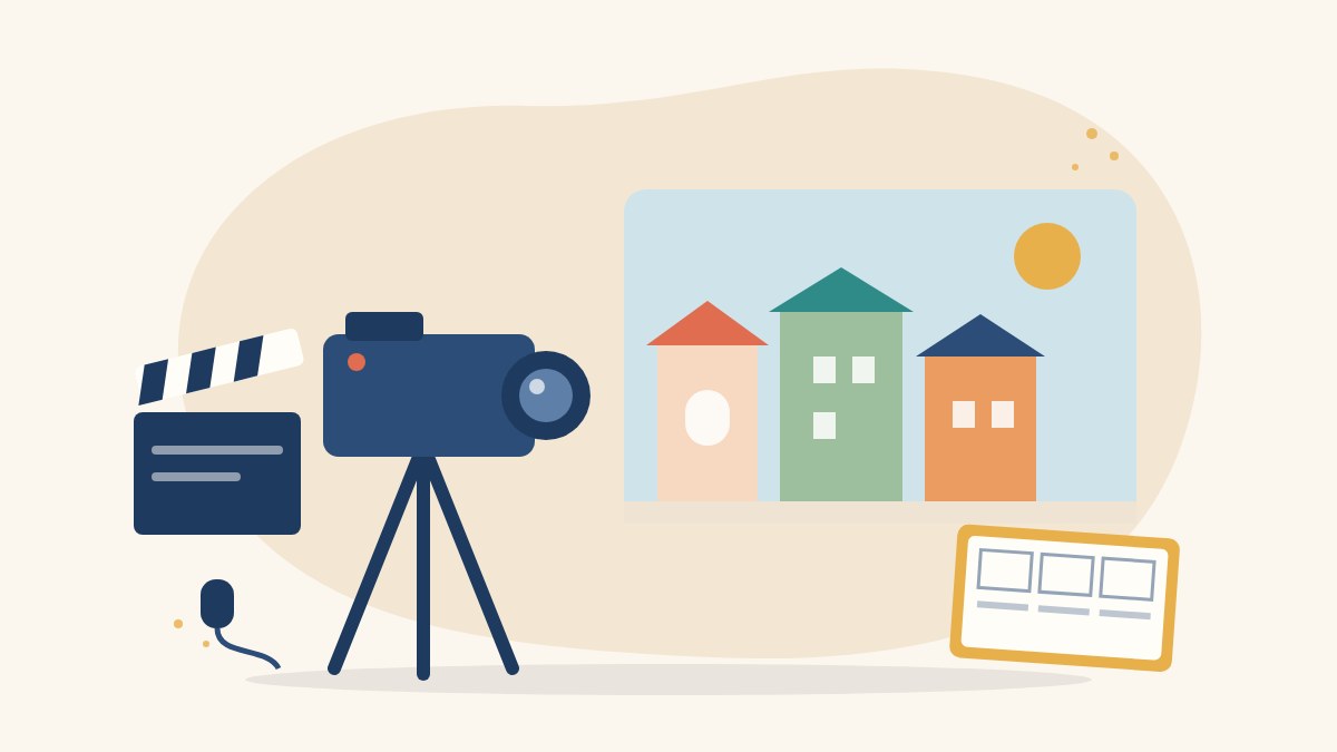 Illustration of a camera on a tripod filming a village street scene, with a clip-on microphone, a clapperboard and a storyboard notebook, for documentary filmmaking