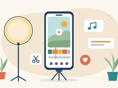 Illustration of a smartphone on a mini tripod showing a Reel being edited on a timeline, with a ring light, music and caption icons, for editing Reels on your phone