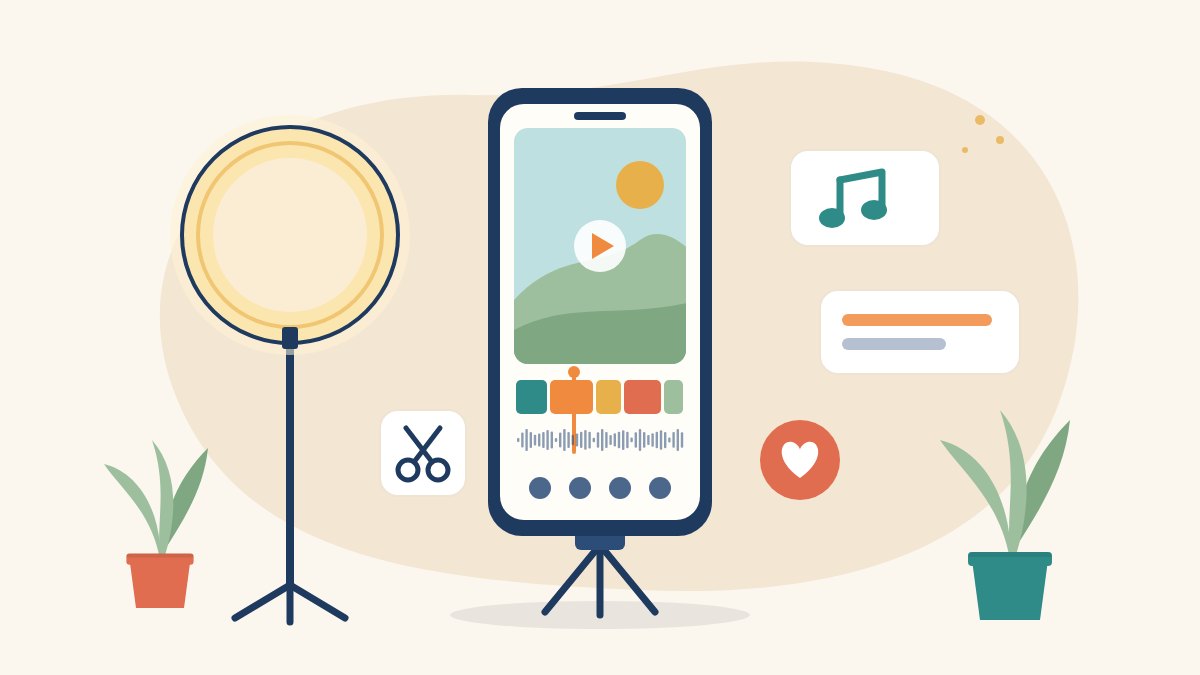 Illustration of a smartphone on a mini tripod showing a Reel being edited on a timeline, with a ring light, music and caption icons, for editing Reels on your phone