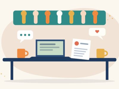 Illustration of a mentoring table with a laptop, a CV sheet, coffee cups and speech bubbles under a banner of raised hands, for employee volunteering ideas