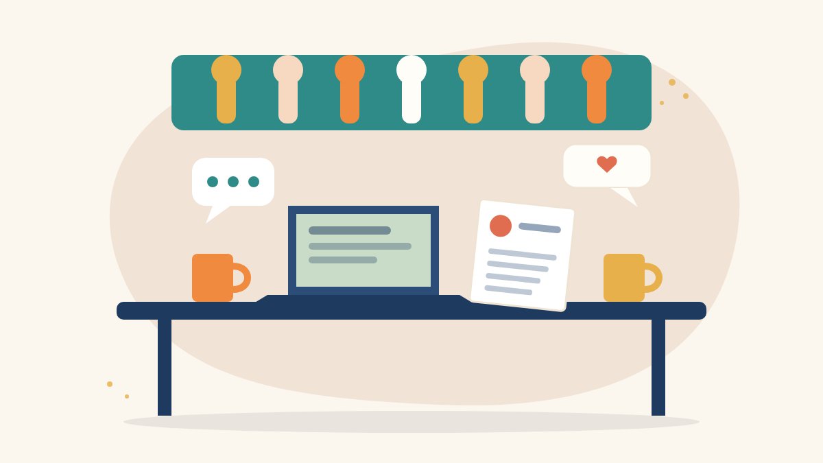 Illustration of a mentoring table with a laptop, a CV sheet, coffee cups and speech bubbles under a banner of raised hands, for employee volunteering ideas