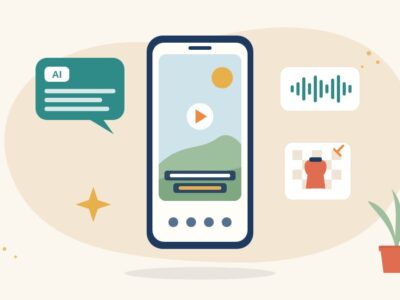 Illustration of a smartphone showing a video with auto-captions, surrounded by cards for an AI chat script, a voice waveform and a cut-out photo, for free AI video tools