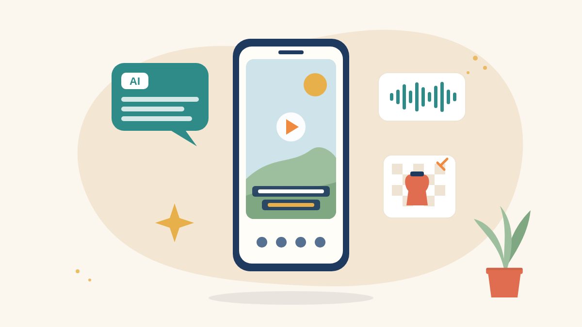 Illustration of a smartphone showing a video with auto-captions, surrounded by cards for an AI chat script, a voice waveform and a cut-out photo, for free AI video tools