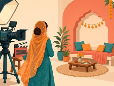 Illustration of a young woman in a dupatta operating a cinema camera on a film set, representing a free filmmaking course for women in India