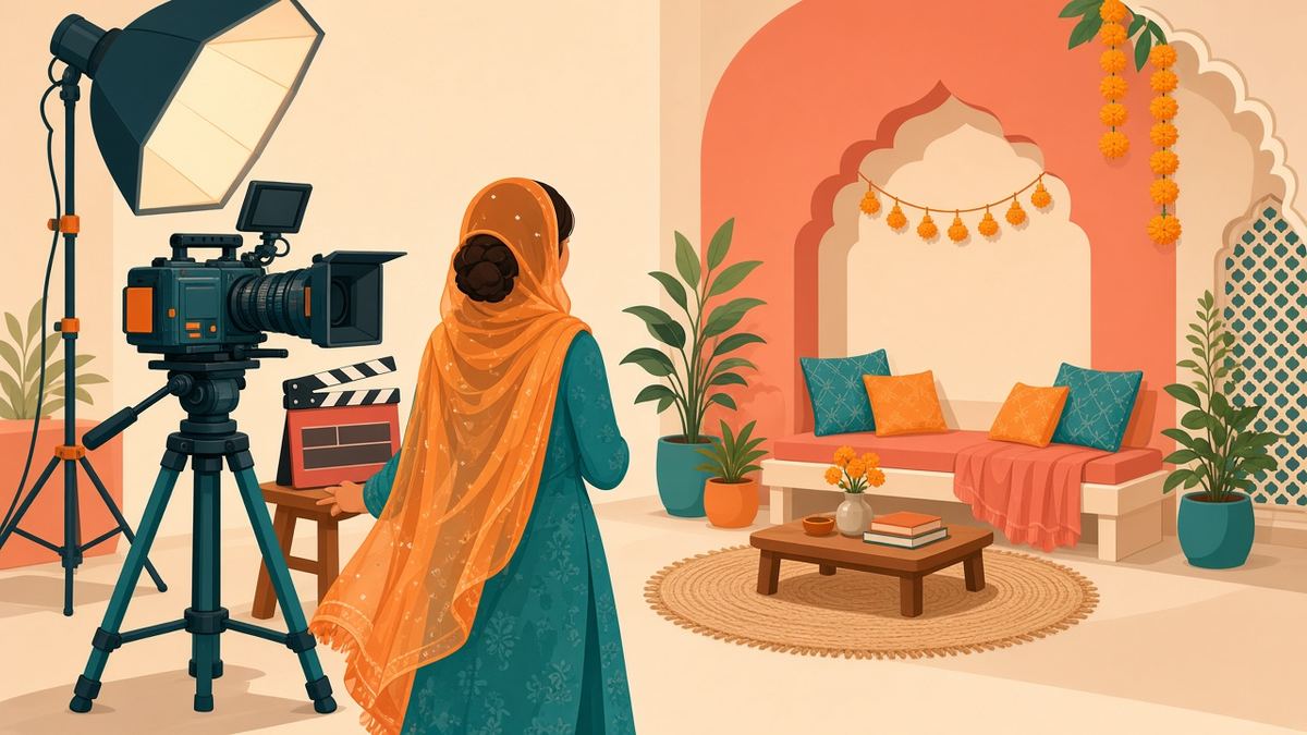 Illustration of a young woman in a dupatta operating a cinema camera on a film set, representing a free filmmaking course for women in India