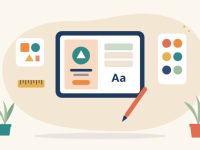 Illustration of a design tablet with a poster and logo on screen, a stylus, colour swatches and shape cards, for a free graphic design course for women