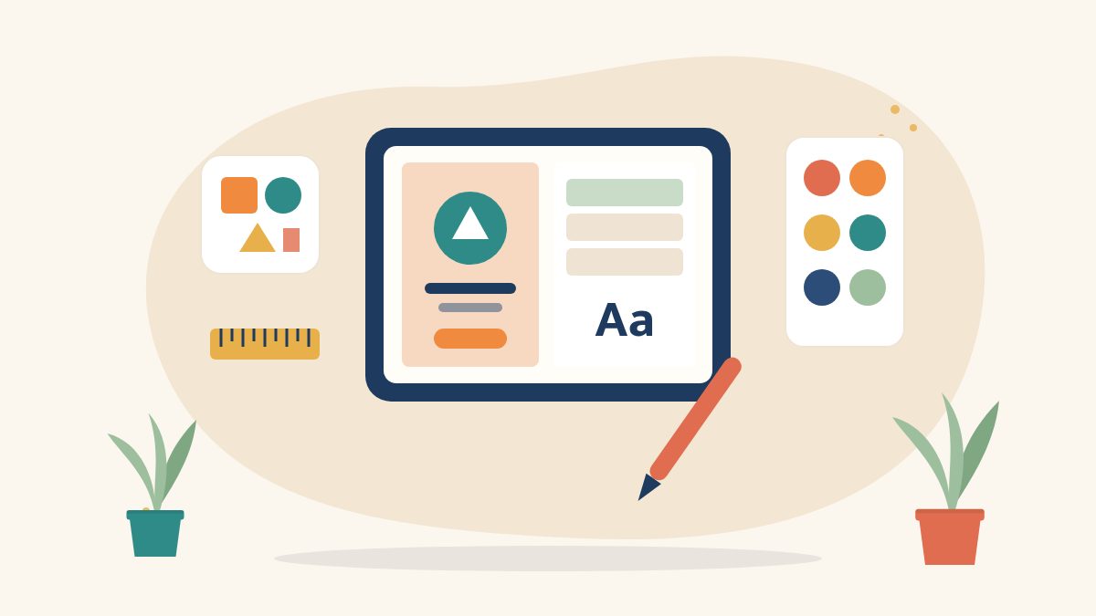 Illustration of a design tablet with a poster and logo on screen, a stylus, colour swatches and shape cards, for a free graphic design course for women