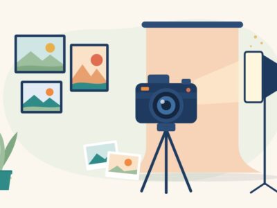 Illustration of a photography studio with a camera on a tripod, a softbox light, a paper backdrop and framed landscape photos, for a free photography course for women