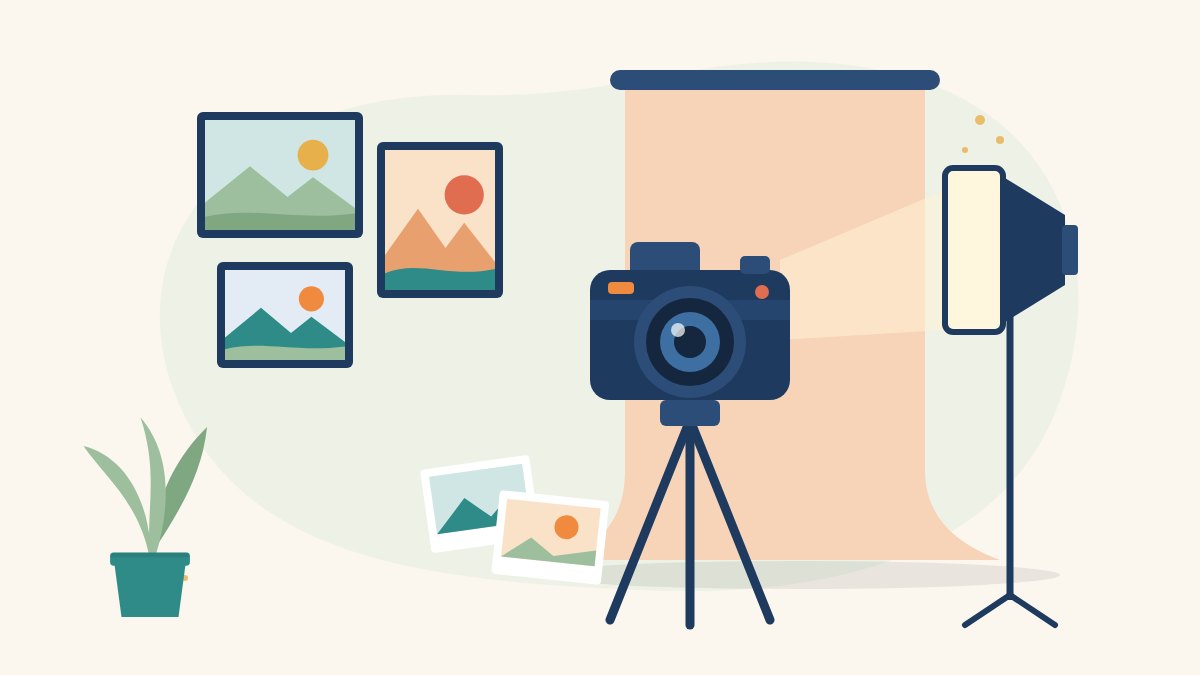 Illustration of a photography studio with a camera on a tripod, a softbox light, a paper backdrop and framed landscape photos, for a free photography course for women