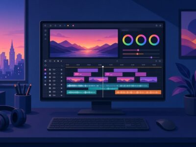 Illustration of a video editing workstation with a multi-track timeline and colour wheels on screen, for a free video editing course in Noida