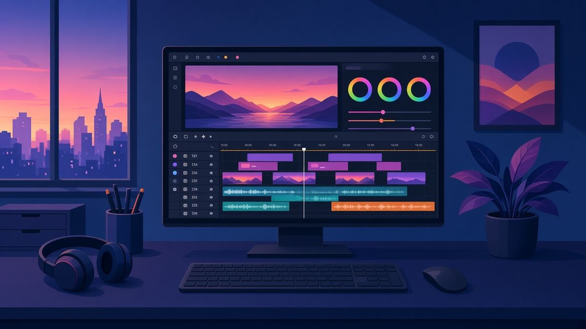 Illustration of a video editing workstation with a multi-track timeline and colour wheels on screen, for a free video editing course in Noida