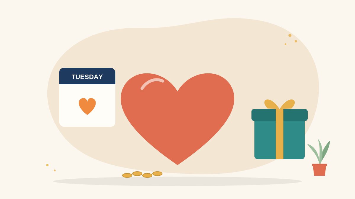 Illustration of a large red heart between a calendar page marked Tuesday and a wrapped gift box, with a few coins, for GivingTuesday in India