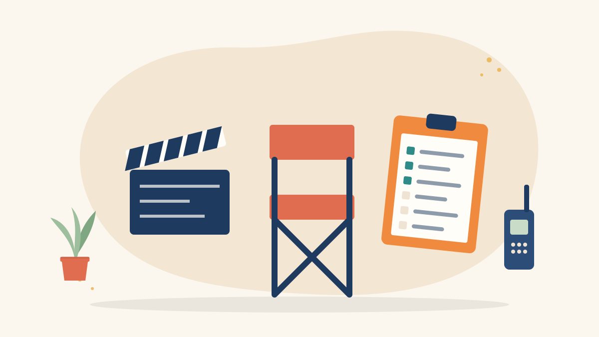 Illustration of a film set with a clapperboard, a director's chair, a clipboard with a shooting schedule and a walkie-talkie, for assistant director careers