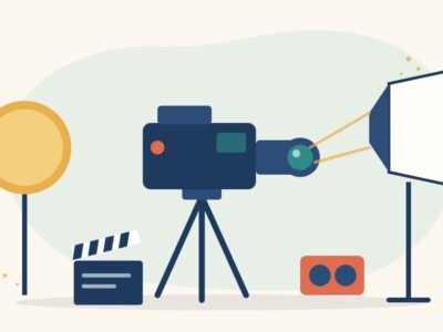 Illustration of a cinema camera on a tripod facing a softbox light and a reflector on a small film set, with a clapperboard and a lens case, for becoming a cinematographer