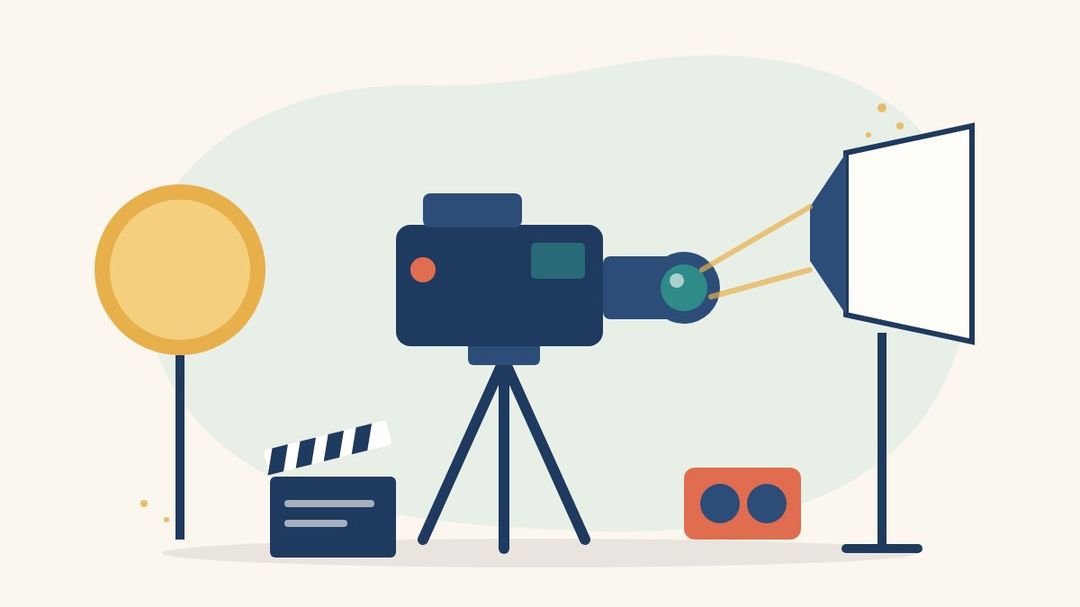 Illustration of a cinema camera on a tripod facing a softbox light and a reflector on a small film set, with a clapperboard and a lens case, for becoming a cinematographer