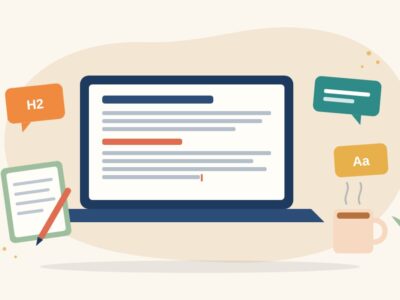 Illustration of a laptop showing a blog draft with headings, beside a notebook, a pen, a cup of tea and floating speech-bubble cards, for becoming a content writer