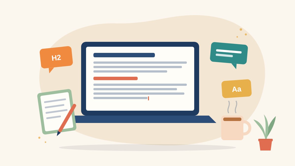 Illustration of a laptop showing a blog draft with headings, beside a notebook, a pen, a cup of tea and floating speech-bubble cards, for becoming a content writer