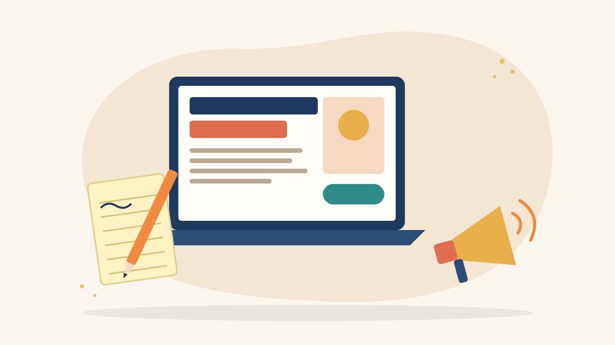 Illustration of a laptop showing an ad layout with a bold headline, beside a notepad, a pencil and a megaphone, for how to become a copywriter in India