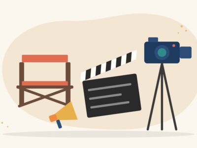 Illustration of a film clapperboard and a director's chair beside a video camera on a tripod and a megaphone, for how to become a film director in India