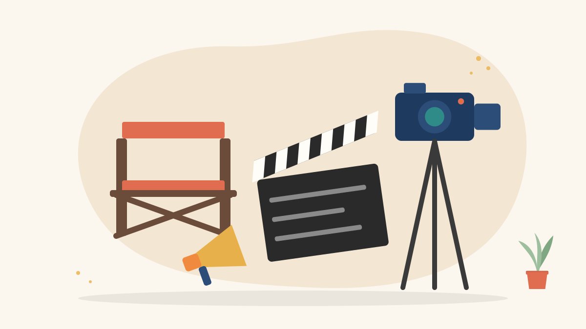 Illustration of a film clapperboard and a director's chair beside a video camera on a tripod and a megaphone, for how to become a film director in India