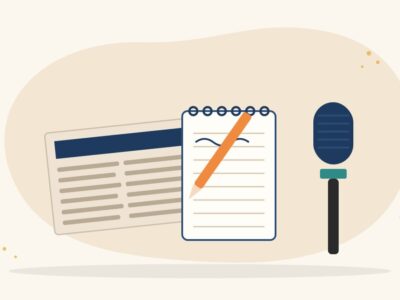 Illustration of a reporter's notebook and pen beside a microphone and a folded newspaper, for how to become a journalist in India
