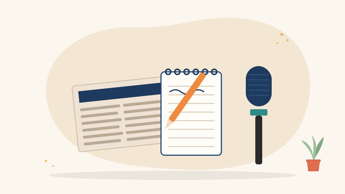 Illustration of a reporter's notebook and pen beside a microphone and a folded newspaper, for how to become a journalist in India