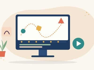 Illustration of a monitor showing an animation timeline with keyframes, animated shapes on a dotted motion path and a play button, for becoming a motion graphics artist